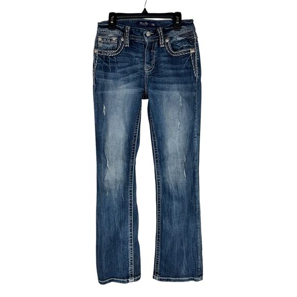 Miss Me SZ 26 Mid-Rise Boot Jeans Distressed Whiskered Stretch Zip-Fly Pockets - Picture 1 of 12